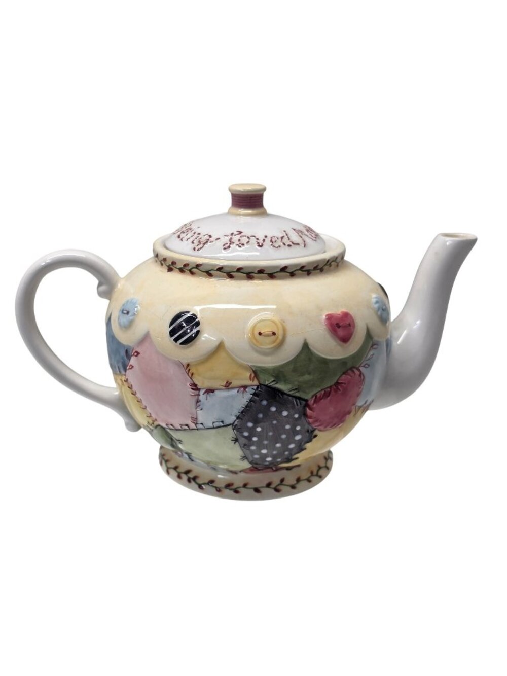 Sandy Clough Patchwork Quilt Ceramic Teapot Buttons Hearts Country Cottage 8"